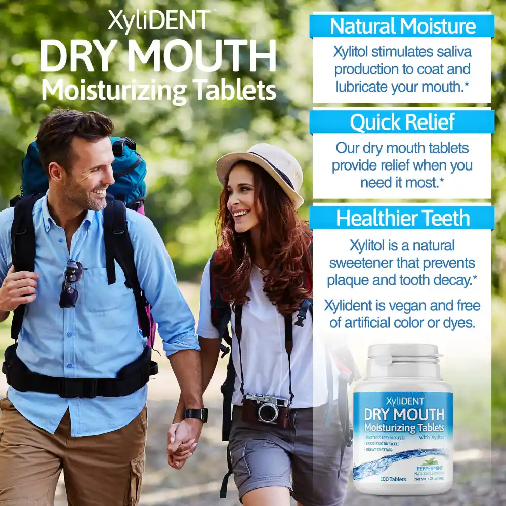 image of a man and a woman walking as tourists in nature with backpacks and description with the benefits of xylitol moisturizing lozenges XyliDENT with peppermint flavour in a bottle of 100 aspartame free against dry mouth freshen breath | For website: healthychewinggum.com | Source: XyliDENT