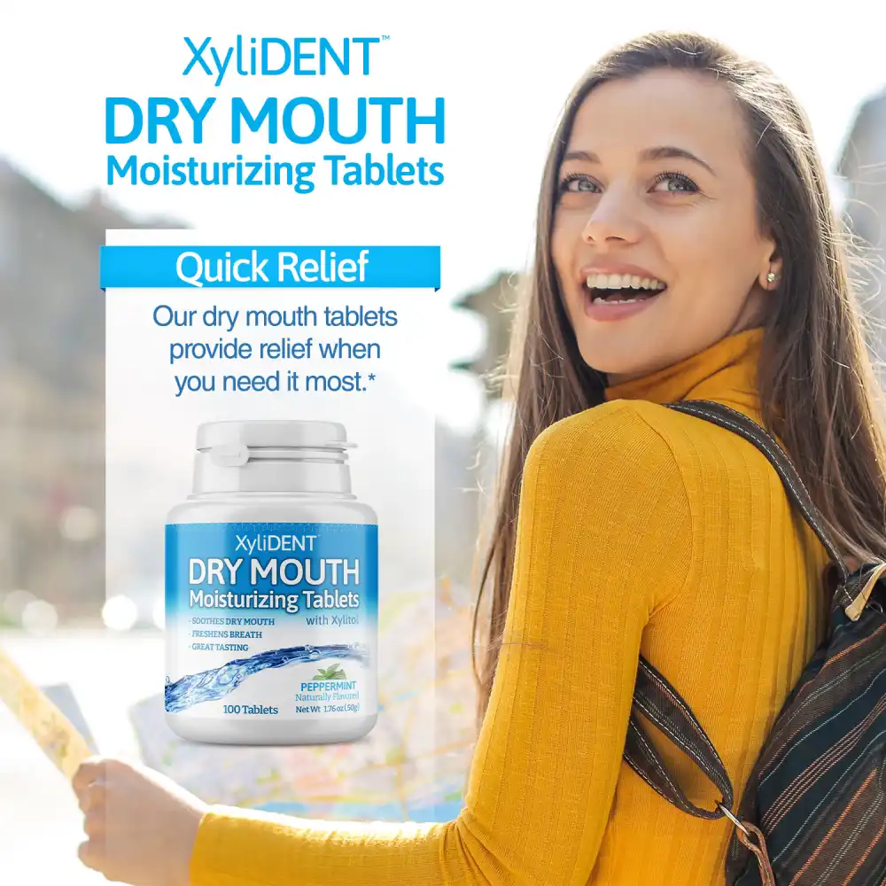 image of a woman in nature with backpackand and a description with the benefits of xylitol moisturizing lozenges XyliDENT with peppermint flavour in a bottle of 100 aspartame free against dry mouth freshen breath | For website: healthychewinggum.com | Source: XyliDENT