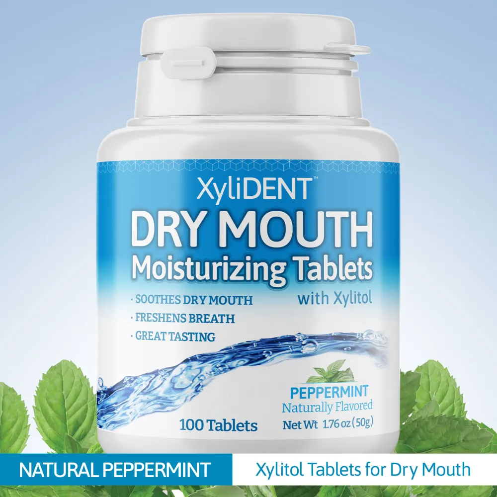 image of xylitol moisturizing lozenges XyliDENT with text label at the bottom with peppermint flavor in a bottle of 100 aspartame free against dry mouth freshen breath | For website: healthychewinggum.com | Source: XyliDENT