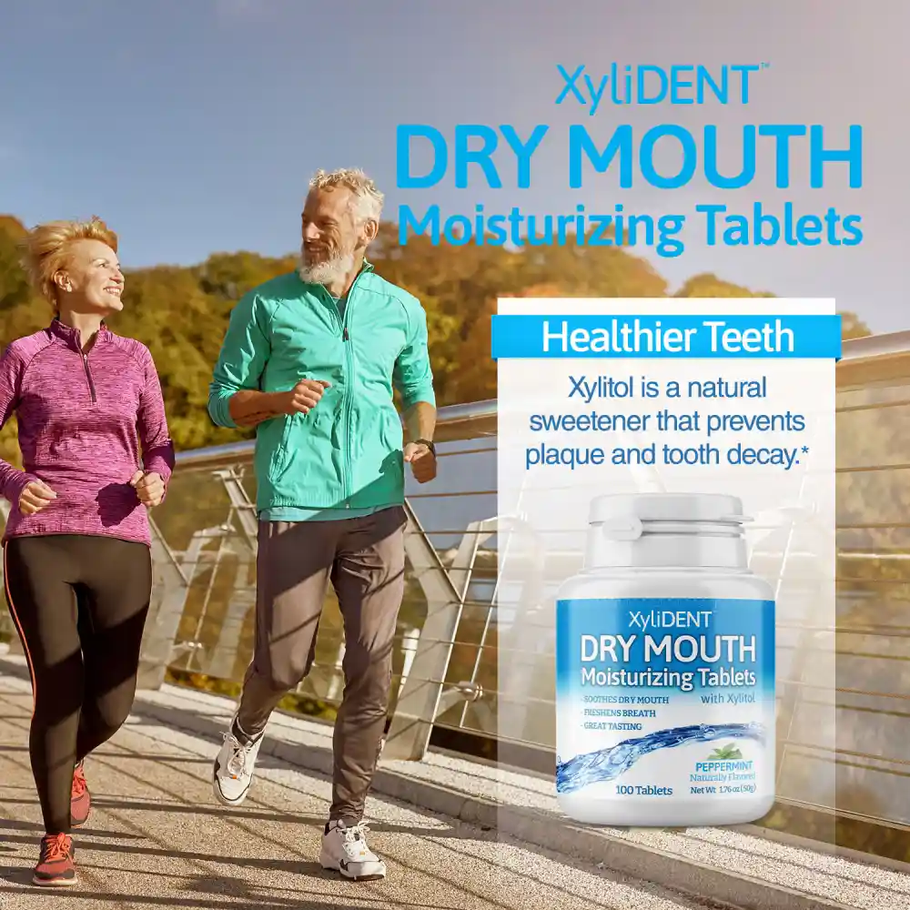 a picture of elderly runners on a bridge in nature with xylitol moisturizing lozenges XyliDENT with peppermint flavor in a bottle of 100 without aspartame against dry mouth freshen the breath | For website: healthychewinggum.com | Source: XyliDENT