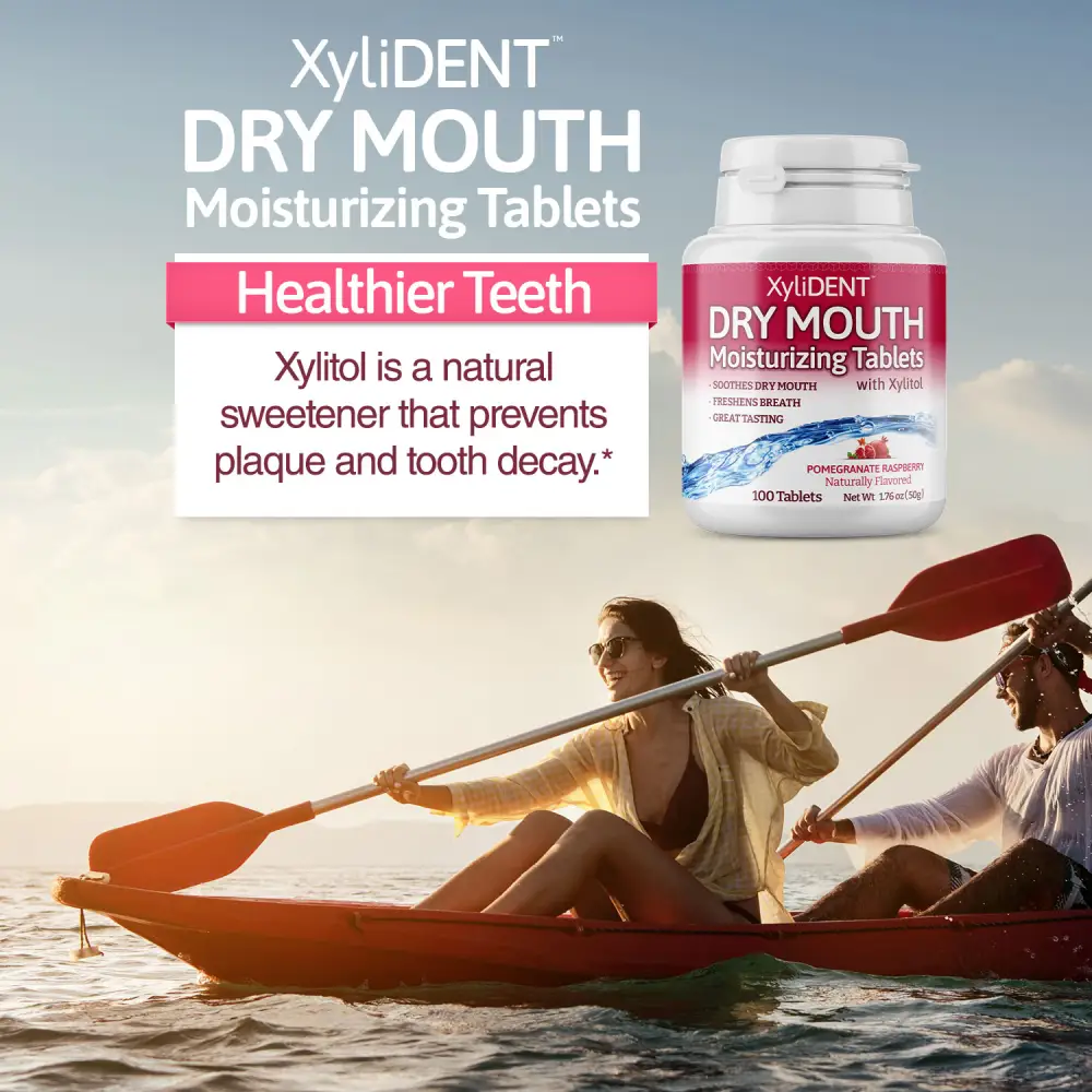 picture of man and woman canoeing in a water and a description with the benefits of xylitol moisturizing lozenges XyliDENT with Pomegranate Rapsberry flavour in a bottle of 100 pcs aspartame free against dry mouth freshen breath | For website: healthychewinggum.com | Source: XyliDENT