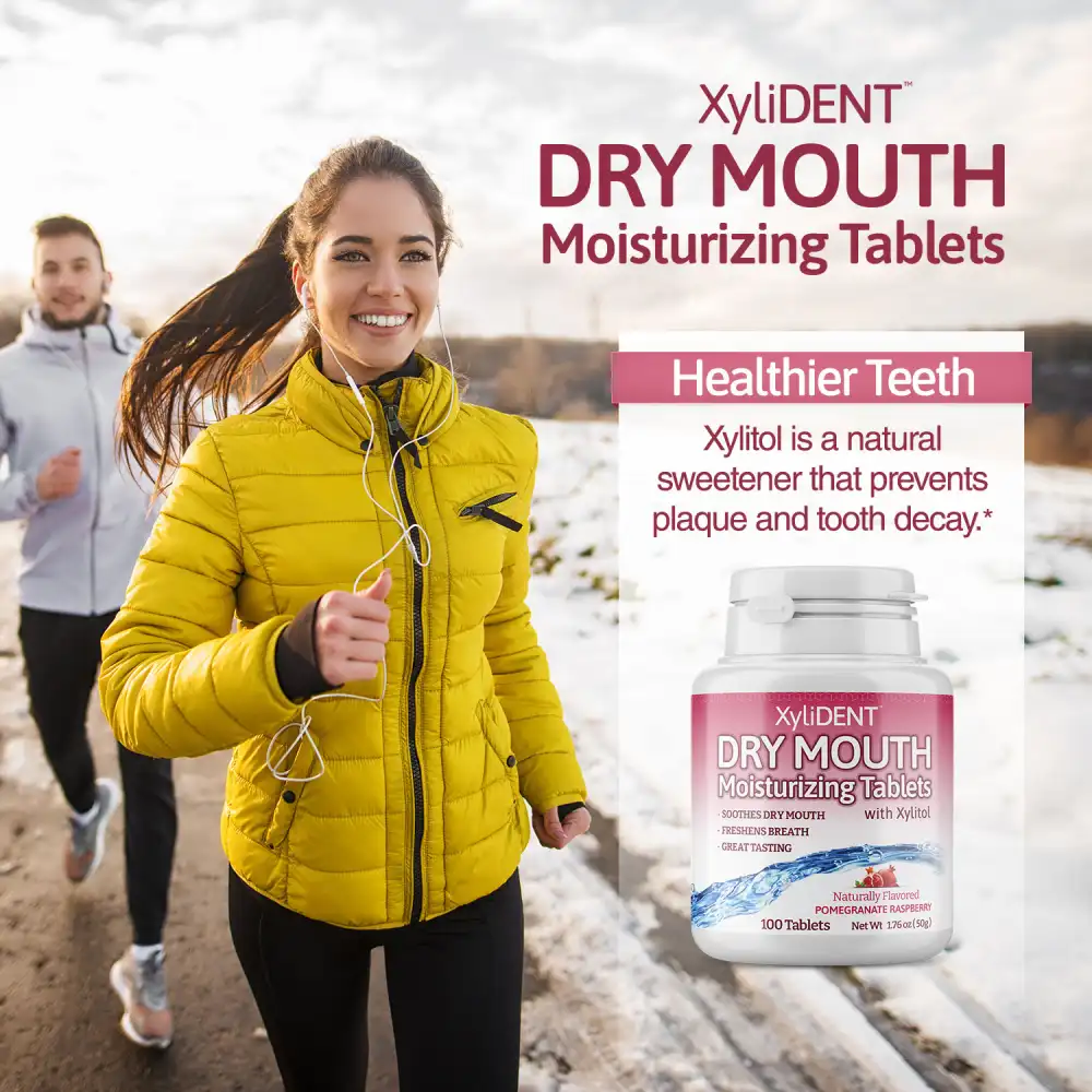 a picture with a man and a woman running on a road in winter and xylitol moisturizing lozenges XyliDENT with Pomegranate Rapsberry flavor in a bottle of 100 pcs without aspartame against dry mouth freshen the breath | For website: healthychewinggum.com | Source: XyliDENT