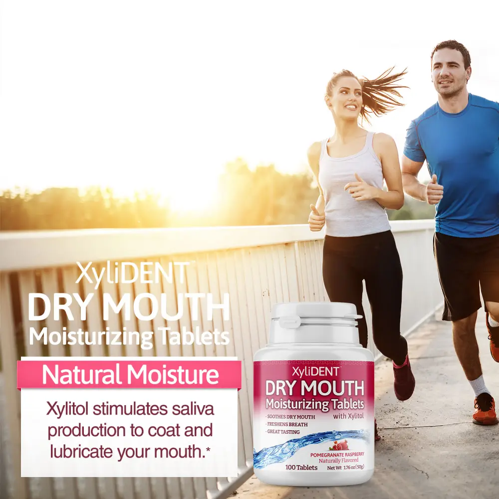picture of man and woman running at sunset and description with the benefits of xylitol moisturizing lozenges XyliDENT with Pomegranate Rapsberry flavour in a bottle of 100 aspartame free against dry mouth freshen breath | For website: healthychewinggum.com | Source: XyliDENT