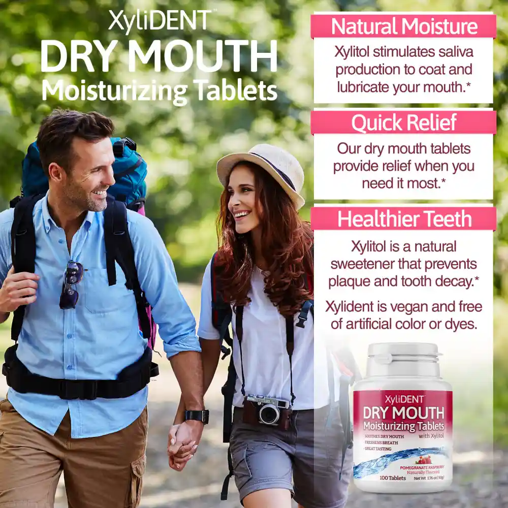 image of a man and a woman walking as tourists in nature with backpacks and description with the benefits of xylitol moisturizing lozenges XyliDENT with Pomegranate Rapsberry flavour in a bottle of 100 pcs aspartame free against dry mouth freshen breath | For website: healthychewinggum.com | Source: XyliDENT