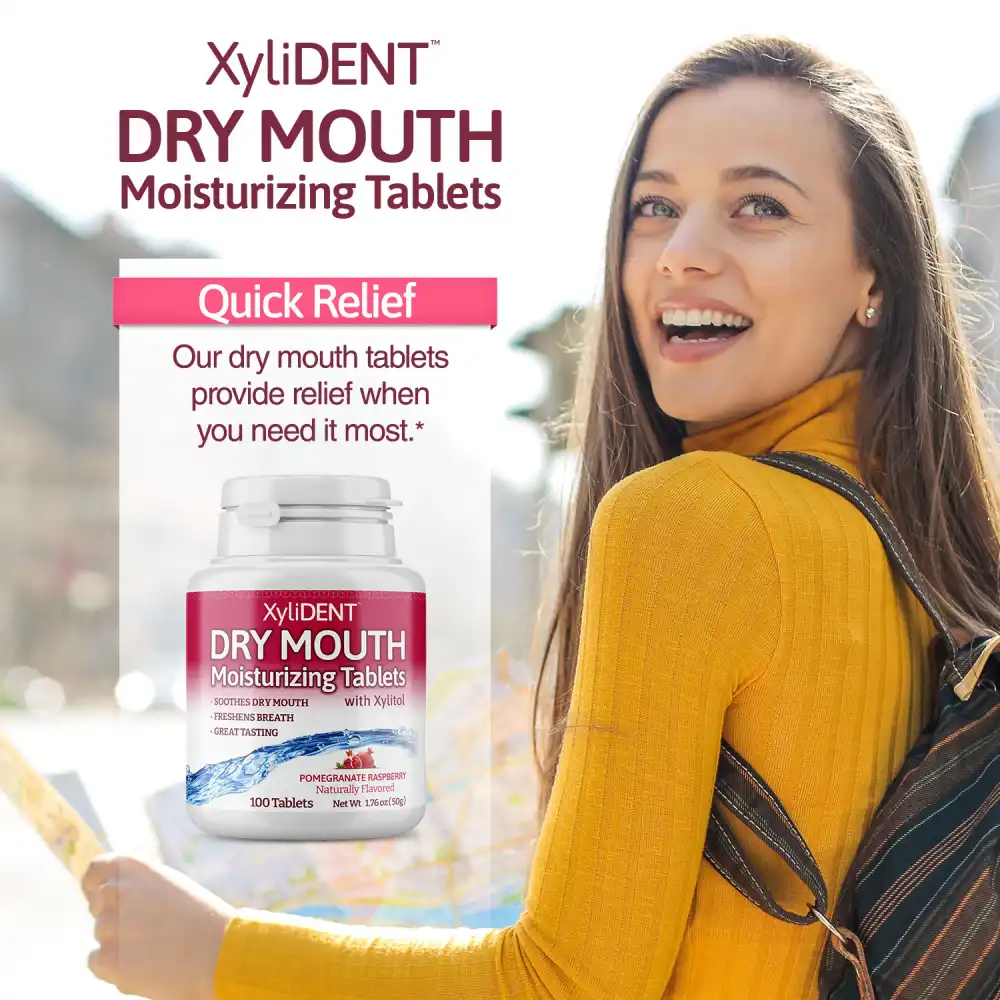 image of a woman in nature with backpack and a description with the benefits of Pomegranate Raspberry Dry Mouth Lozenges Aspartam Free Xylitol Moisturizing Tablets XyliDENT in a bottle of 100 pieces aspartame free against dry mouth freshen breath | For website: healthychewinggum.com | Source: XyliDENT