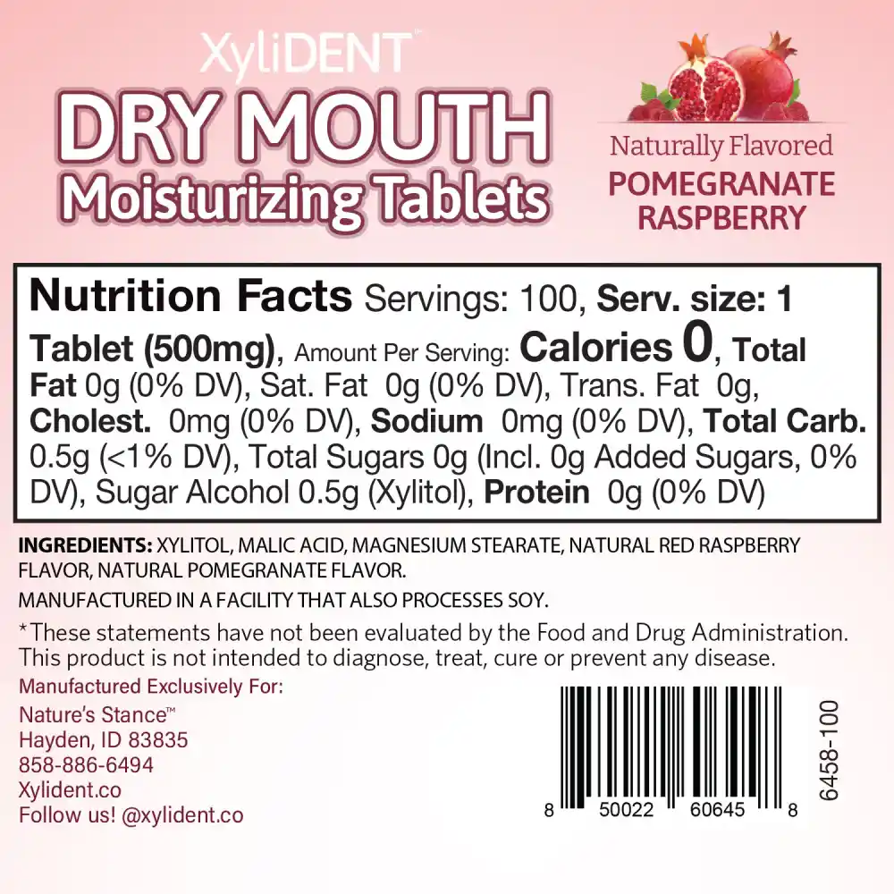 picture with the composition of xylitol moisturizing pastilles XyliDENT with Pomegranate Rapsberry flavour in a bottle of 100 pieces without aspartame against dry mouth freshens breath | For website: healthychewinggum.com | Source: XyliDENT