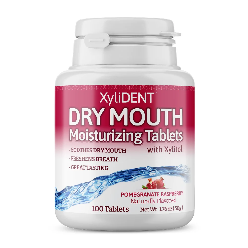 picture with Pomegranate Raspberry Dry Mouth Lozenges - Aspartam Free Xylitol Moisturizing Tablets XyliDENT with Pomegranate Rapsberry flavor in a bottle of 100 pieces without aspartame against dry mouth freshens breath | For website: healthychewinggum.com | Source: XyliDENT
