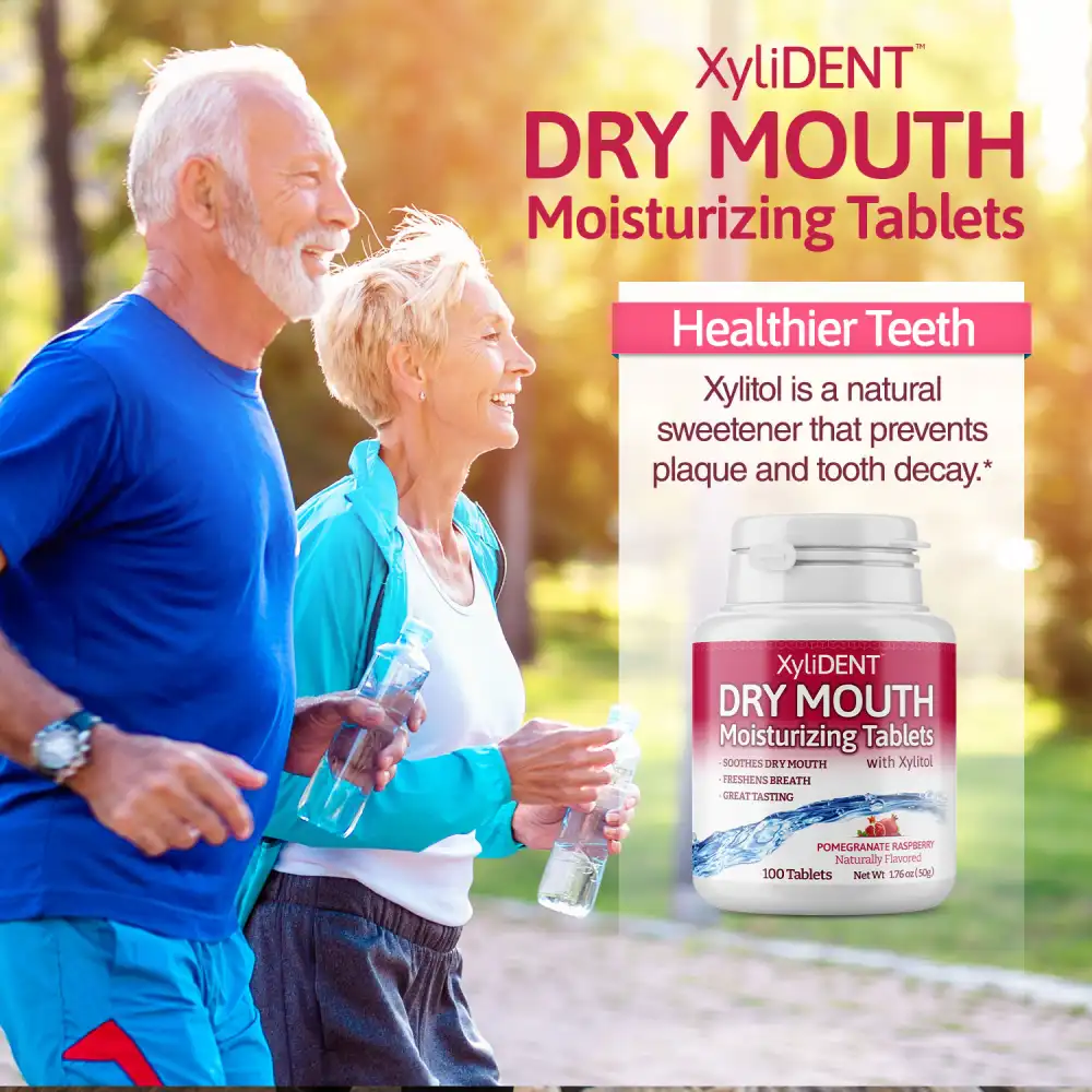 picture with seniors running in a park with nature with xylitol moisturizing lozenges XyliDENT with Pomegranate Rapsberry flavor in a bottle of 100 aspartame free against dry mouth freshen breath | For website: healthychewinggum.com | Source: XyliDENT