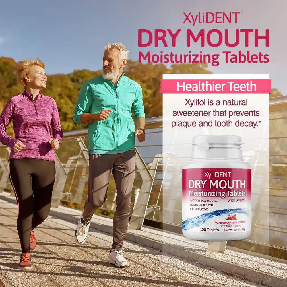 a picture of elderly runners on a bridge in nature with xylitol moisturizing lozenges XyliDENT with Pomegranate Rapsberry flavor in a bottle of 100 without aspartame against dry mouth freshen the breath | For website: healthychewinggum.com | Source: XyliDENT
