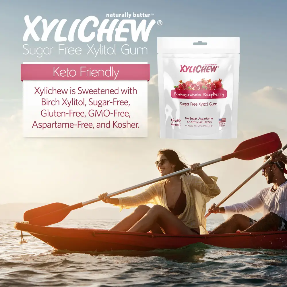 picture of man and woman canoeing in a water with title and bag of Pomegranate Raspberry Xylitol chewing gum from Xylichew without aspartam (aspartam free) | For website: healthychewinggum.com | Source: Xylichew