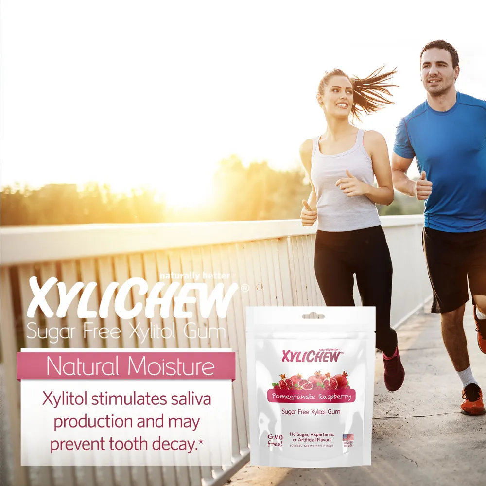 picture of man and woman running at sunset and with the bag of xylitol Pomegranate Raspberry chewing gums from Xylichew without aspartam (aspartam free) | For website: healthychewinggum.com | Source: Xylichew