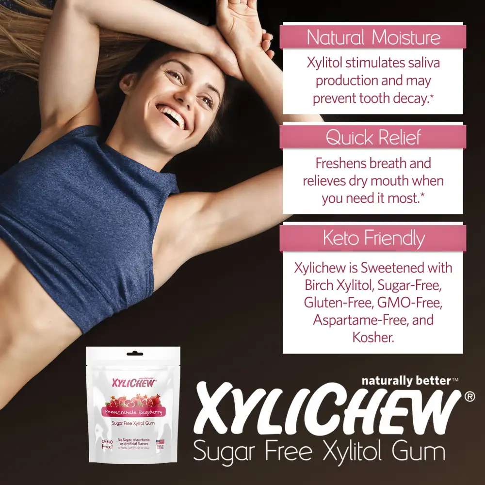 picture of a woman lying in sportswear on the ground and with a description with the benefits of chewing gum and a photo of xylitol Pomegranate Rapsberry chewing gum in a bag package with 50 chewing gums from the manufacturer Xylichew without aspartam (aspartam free) | For website: healthychewinggum.com | Source: Xylichew