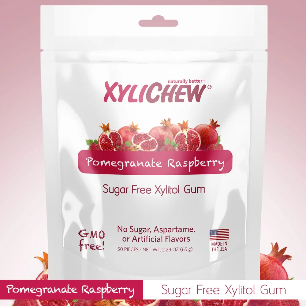 picture of Pomegranate Raspberry xylitol chewing gums from Xylichew in a bag with 50 pcs on white background without aspartam (aspartam free) | For website: healthychewinggum.com | Source: Xylichew