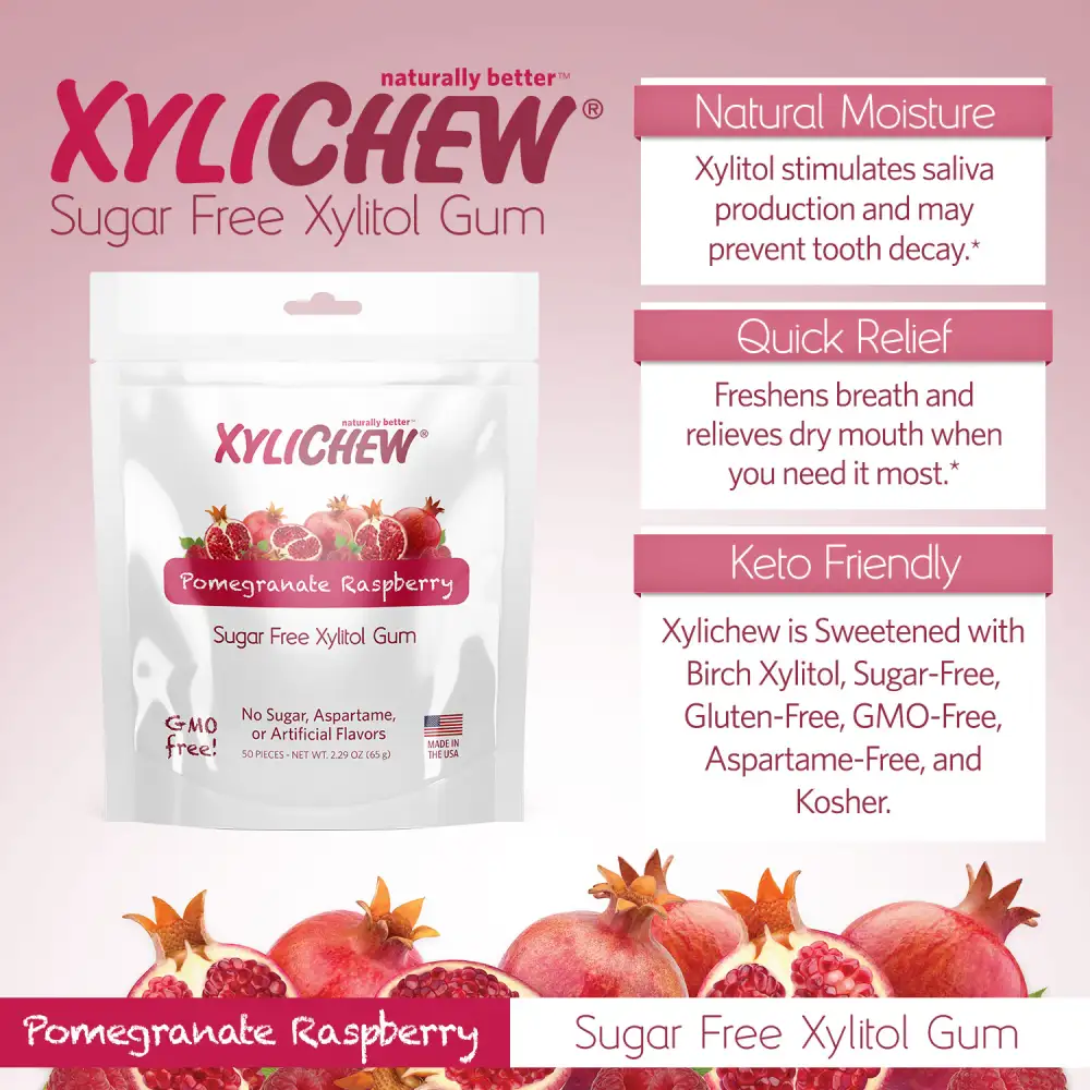 image with Xylichew xylitol chewing gum with Pomegranate Raspberry flavor in a bag of 50 pieces and with the benefits of xylitol chewing gum without aspartame | For website: healthychewinggum.com | Source: Xylichew