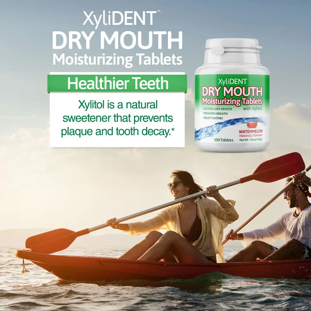 picture of man and woman canoeing in a water and a description with the benefits of xylitol moisturizing lozenges XyliDENT with Watermelon flavour in a bottle of 100 pcs aspartame free against dry mouth freshen breath | For website: healthychewinggum.com | Source: XyliDENT
