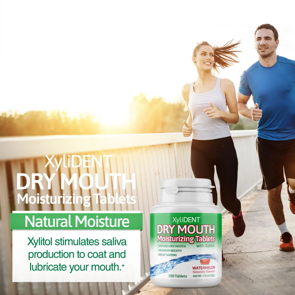 picture of man and woman running at sunset and description with the benefits of xylitol moisturizing lozenges XyliDENT with Watermelon flavour in a bottle of 100 aspartame free against dry mouth freshen breath | For website: healthychewinggum.com | Source: XyliDENT
