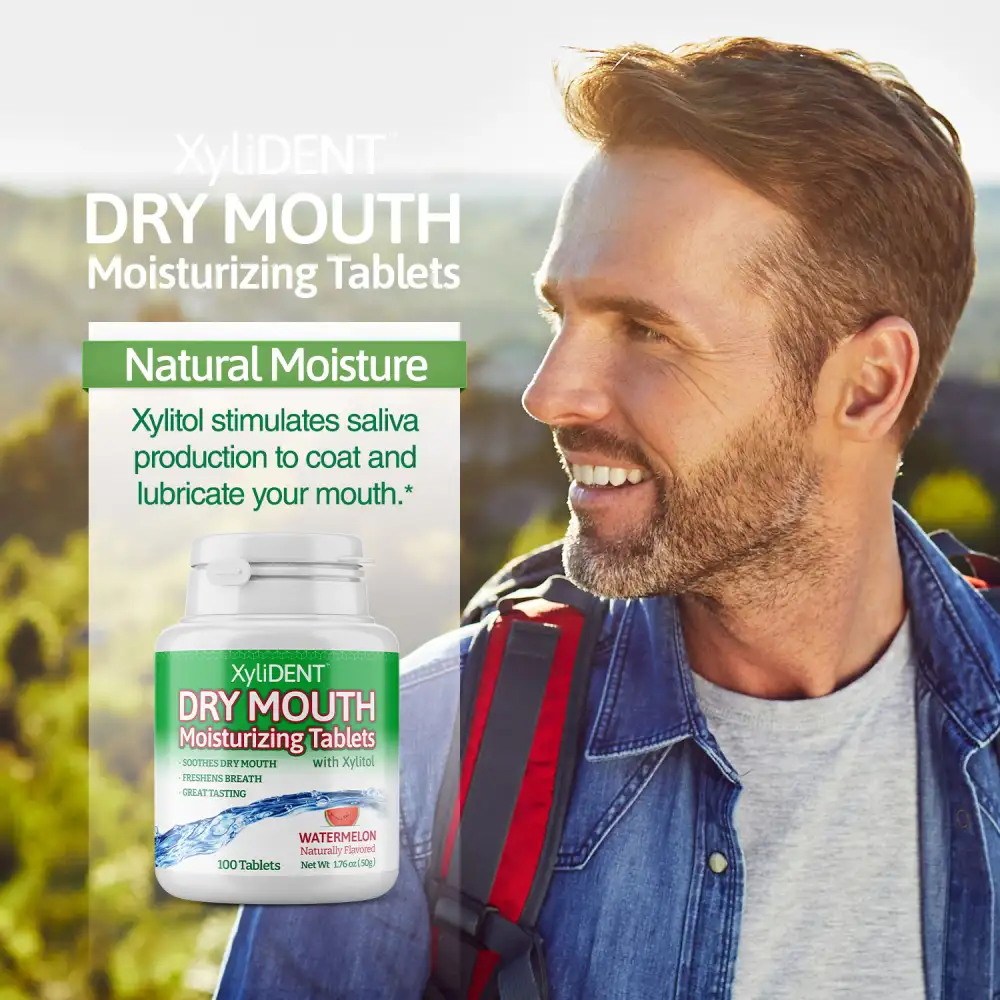 image of a man in nature with backpack and description with the benefits of xylitol moisturizing lozenges XyliDENT with Watermelon flavour in a bottle of 100 pcs aspartame free against dry mouth freshen breath | For website: healthychewinggum.com | Source: XyliDENT