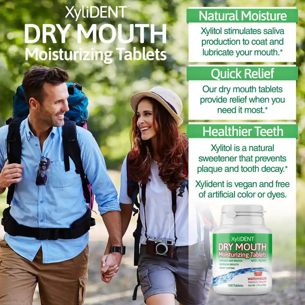 image of a man and a woman walking as tourists in nature with backpacks and description with the benefits of xylitol moisturizing lozenges XyliDENT with Watermelon flavour in a bottle of 100 pcs aspartame free against dry mouth freshen breath | For website: healthychewinggum.com | Source: XyliDENT