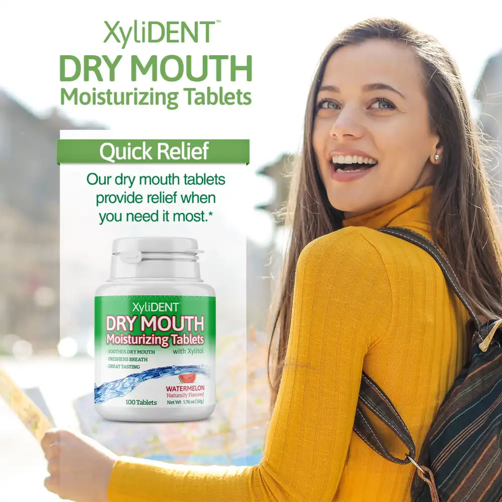 image of a woman in nature with backpack and a description with the benefits of xylitol moisturizing lozenges XyliDENT with Watermelon flavour in a bottle of 100 pieces aspartame free against dry mouth freshen breath | For website: healthychewinggum.com | Source: XyliDENT