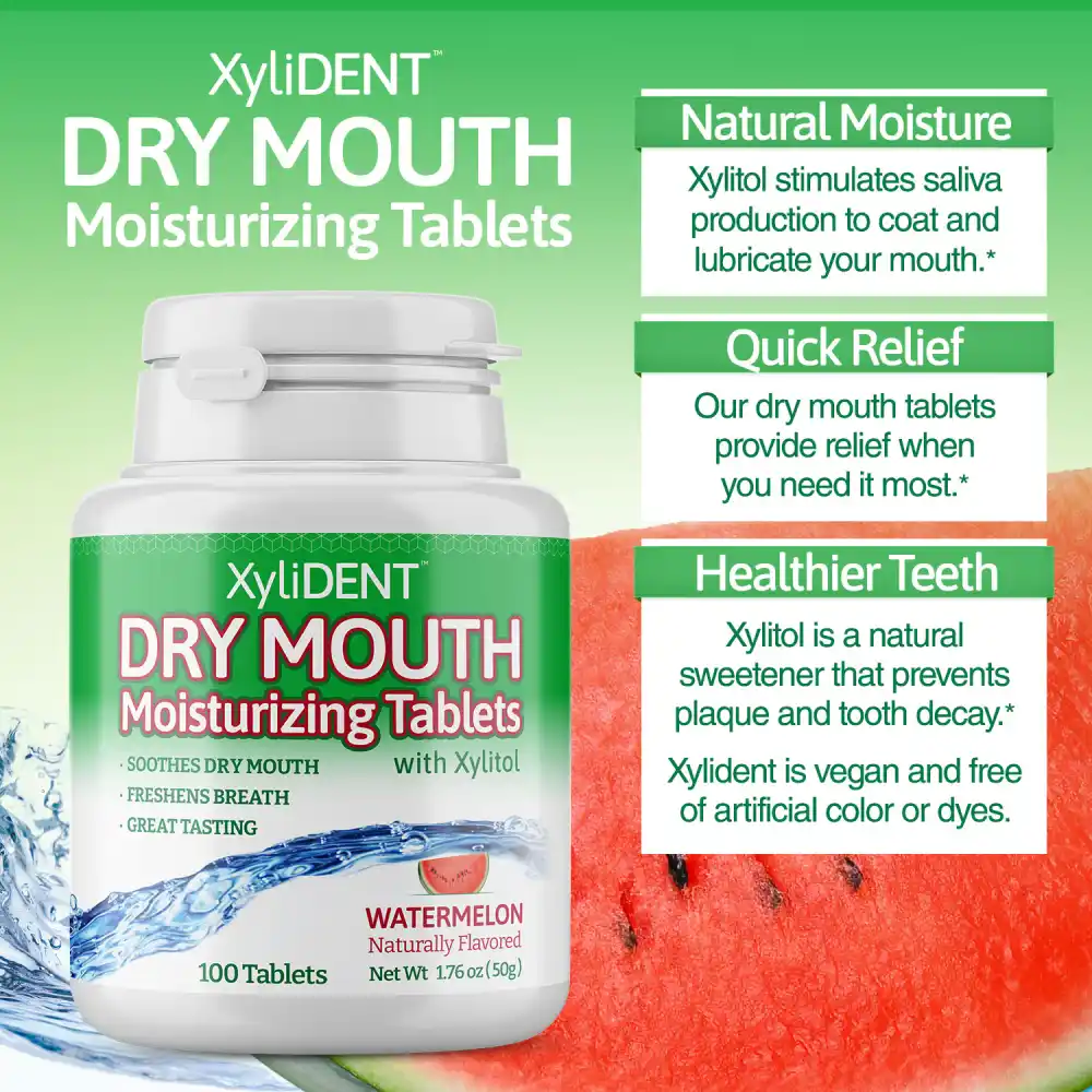 image of xylitol moisturizing lozenges XyliDENT with text label at the bottom and with benefits on the right side with Watermelon flavor in a bottle of 100 pieces aspartame free against dry mouth freshen breath | For website: healthychewinggum.com | Source: XyliDENT