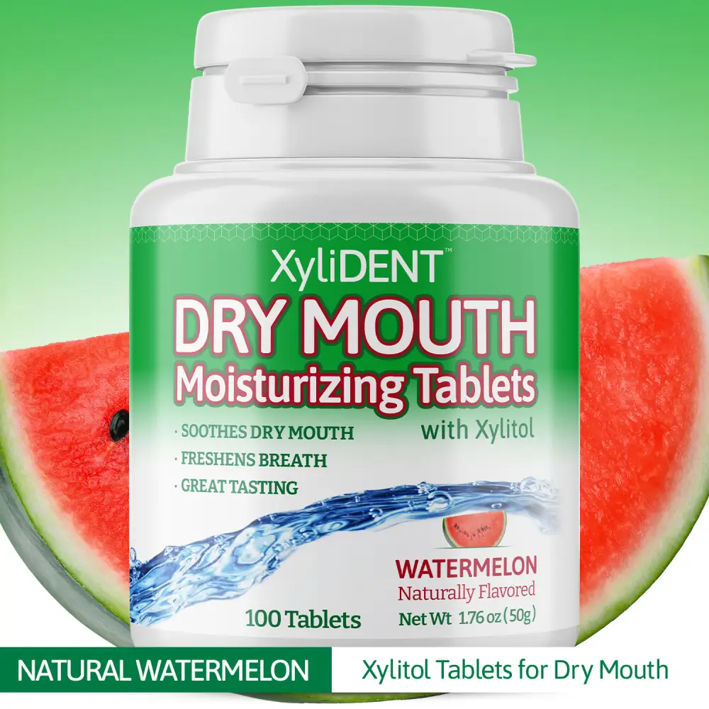 image of xylitol moisturizing lozenges XyliDENT with text label at the bottom with Watermelon flavor in a bottle of 100 aspartame free against dry mouth freshen breath | For website: healthychewinggum.com | Source: XyliDENT