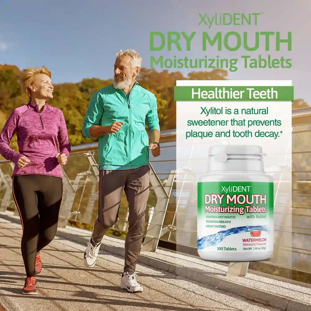 a picture of elderly runners on a bridge in nature with xylitol moisturizing lozenges XyliDENT with Watermelon flavor in a bottle of 100 without aspartame against dry mouth freshen the breath | For website: healthychewinggum.com | Source: XyliDENT