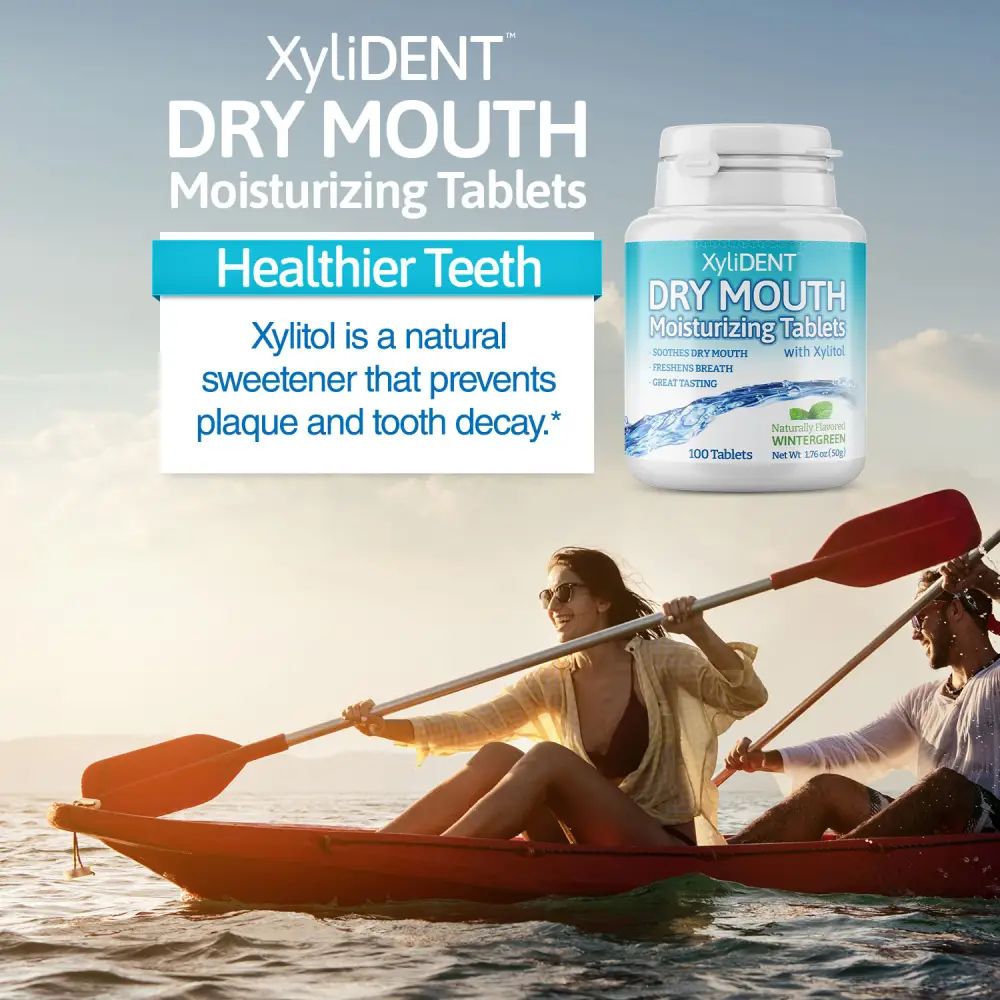 picture of man and woman canoeing in a water and a description with the benefits of xylitol moisturizing lozenges XyliDENT with Wintergreen flavour in a bottle of 100 pcs aspartame free against dry mouth freshen breath | For website: healthychewinggum.com | Source: XyliDENT
