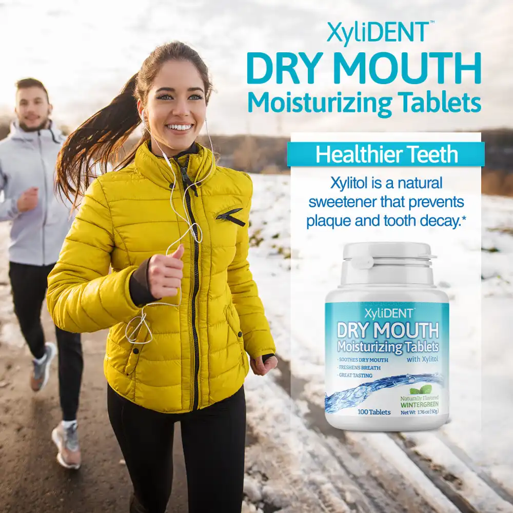 a picture with a man and a woman running on a road in winter and xylitol moisturizing lozenges XyliDENT with Wintergreen flavor in a bottle of 100 without aspartame against dry mouth freshen the breath | For website: healthychewinggum.com | Source: XyliDENT