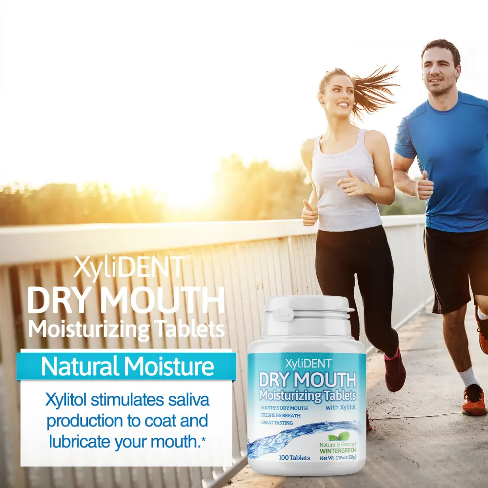 picture of man and woman running at sunset and description with the benefits of xylitol moisturizing lozenges XyliDENT with Wintergreen flavour in a bottle of 100 aspartame free against dry mouth freshen breath | For website: healthychewinggum.com | Source: XyliDENT