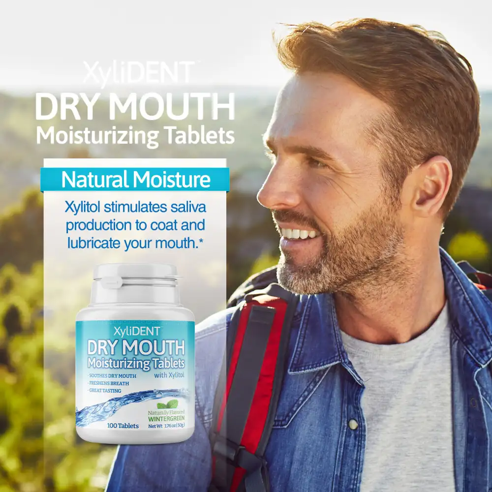 image of a man in nature with backpack and description with the benefits of xylitol moisturizing lozenges XyliDENT with Wintergreen flavour in a bottle of 100 aspartame free against dry mouth freshen breath | For website: healthychewinggum.com | Source: XyliDENT