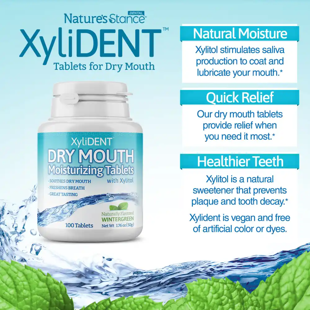 image of xylitol moisturizing lozenges XyliDENT with text label at the bottom with Wintergreen flavor in a bottle of 100 aspartame free against dry mouth freshen breath | For website: healthychewinggum.com | Source: XyliDENT