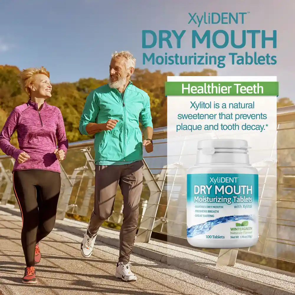 a picture of elderly runners on a bridge in nature with xylitol moisturizing lozenges XyliDENT with Wintergreen flavor in a bottle of 100 without aspartame against dry mouth freshen the breath | For website: healthychewinggum.com | Source: XyliDENT