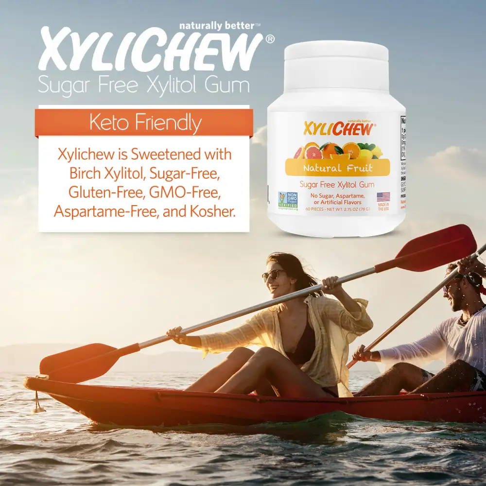 picture of a man and a woman canoeing on a lake in the lower part and in the upper part a description of xylitol Fruit chewing gum in a bottle with 60 chewing gums from the manufacturer Xylichew | For website: healthychewinggum.com | Source: Xylichew