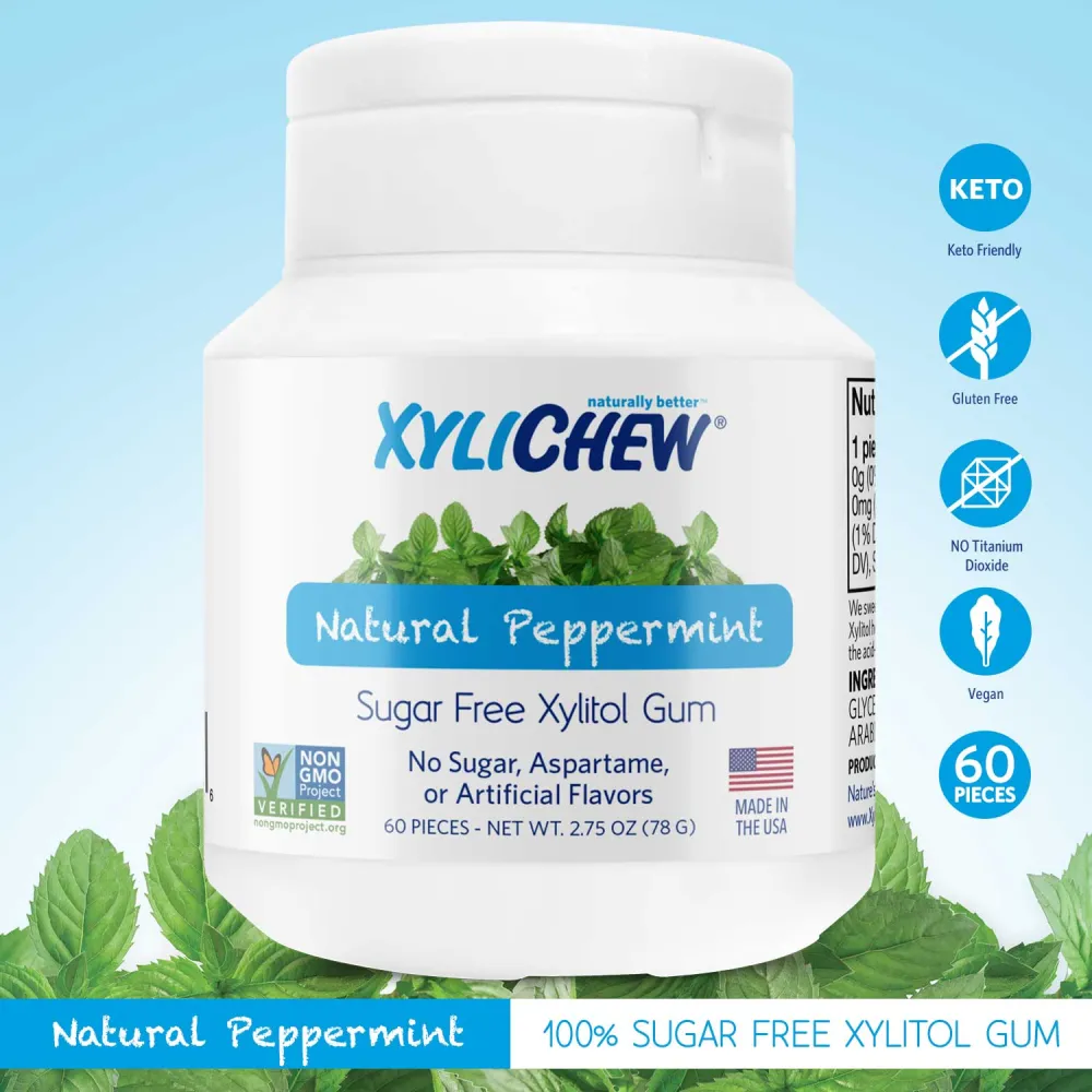 picture of Peppermint xylitol chewing gum from Xylichew in a bottle with 60 pcs on white green background with symbols without aspartam (aspartam free) | For website: healthychewinggum.com | Source: Xylichew