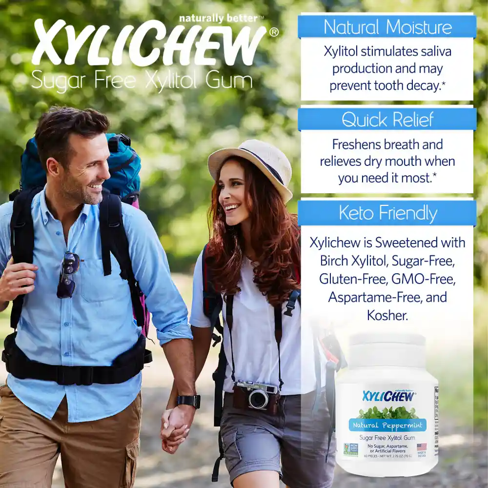 an image of man and woman in nature with a backpack and a description and photo of xylitol Peppermint chewing gum in a bottle pack of 60 chewing gums from Xylichew aspartam free | For website: healthychewinggum.com | Source: Xylichew