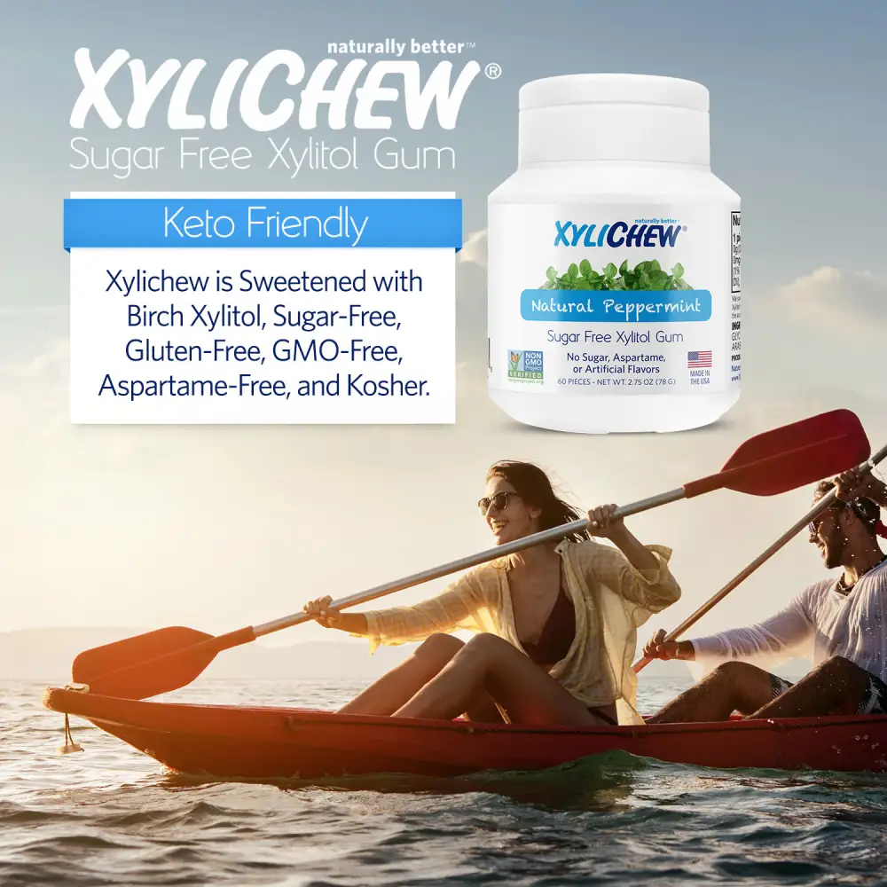picture of a man and a woman canoeing on a lake in the lower part and in the upper part a description of xylitol Peppermint chewing gum in a bottle with 60 chewing gums from the manufacturer Xylichew aspartam free | For website: healthychewinggum.com | Source: Xylichew