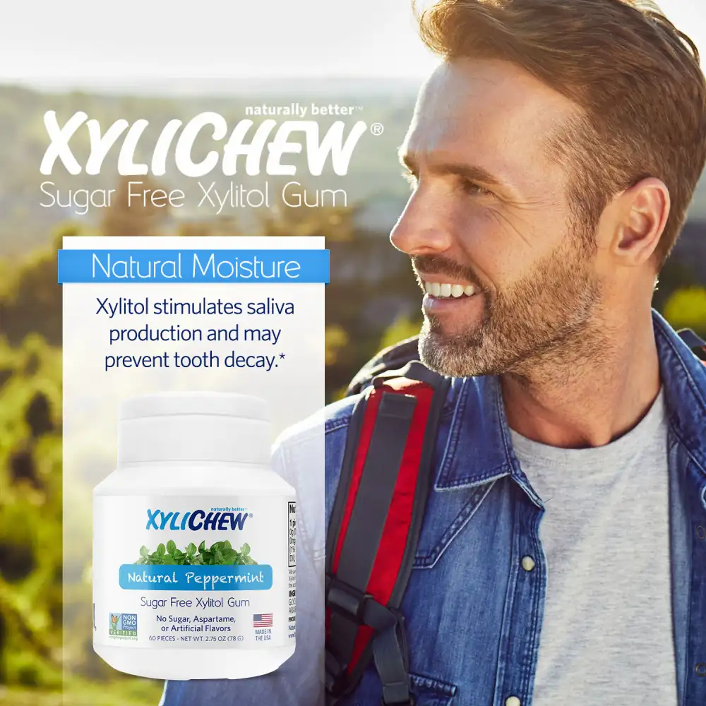 an image of a man in nature with a backpack and a description and photo of xylitol Peppermint chewing gum in a bottle pack of 60 chewing gums from the manufacturer Xylichew aspartam free | For website: healthychewinggum.com | Source: Xylichew
