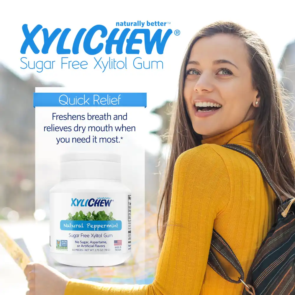 an image of a woman in nature with a backpack and a description and photo of xylitol Peppermint chewing gum in a bottle pack of 60 chewing gums from the manufacturer Xylichew aspartam free | For website: healthychewinggum.com | Source: Xylichew