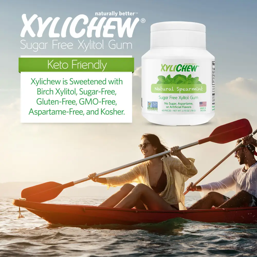 obrázek muže a ženy na kánoi ve vodě s názvem a lahvičkou xylitolových žvýkaček spearmint od výrobce Xylichew bez aspartamu | Pro webové stránky: healthychewinggum.com | Zdroj: Xylichew
