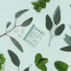 picture of Eucalyptus Mint All Nature Chewing Gum from honest gum in a flip box from the front on background with arranged eucalyptus, mint and chewing gum | plastic free, sugar free, sustainable and aspartam free | For website: healthychewinggum.com | Source: honest gum