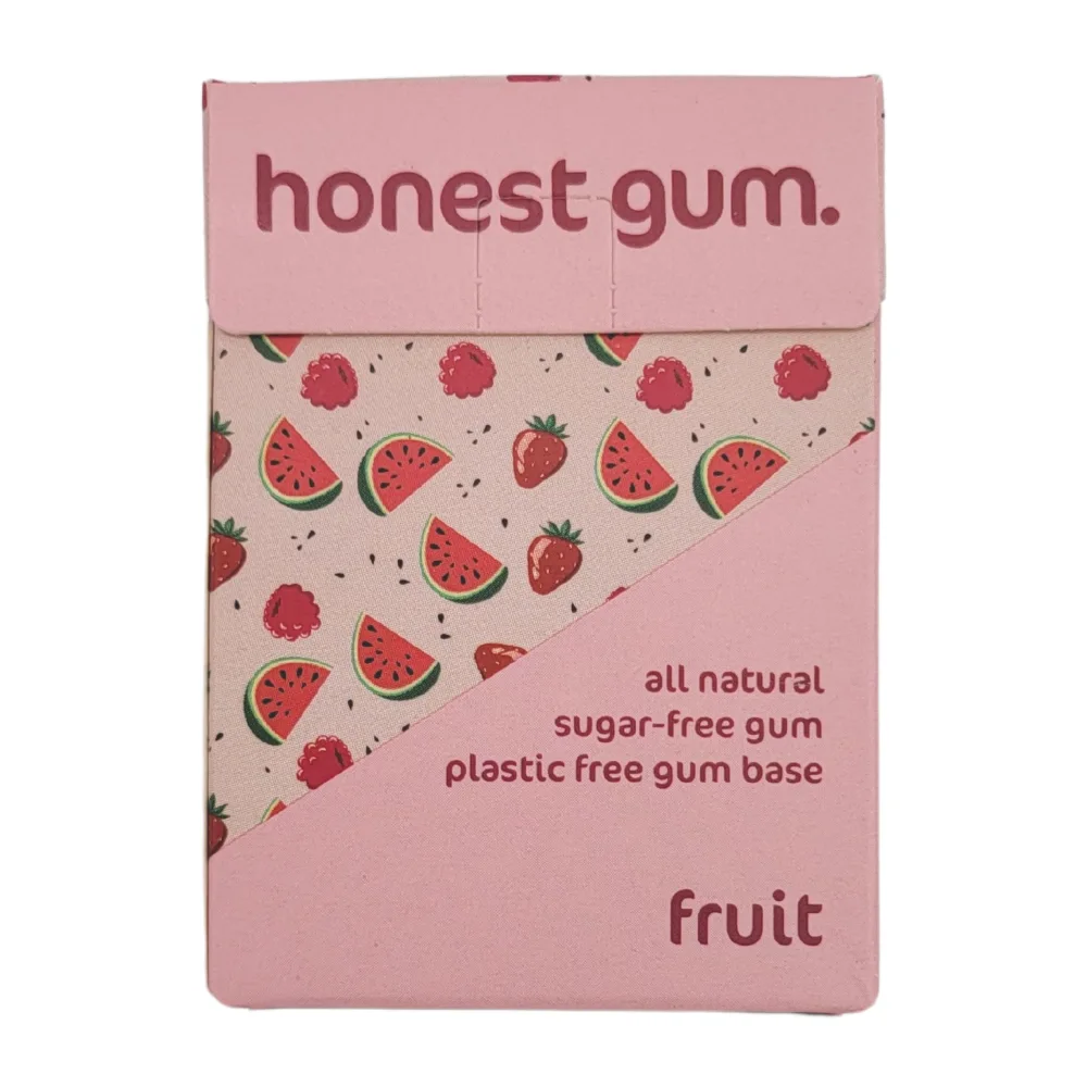 image of honest gum fruit natural gum in a front flip box of 12 on a white background plastic, sugar, sustainability and aspartame free | For website: healthychewinggum.com | Source: honest gum