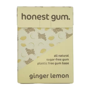 obrázek žvýkačky zázvor citrón přírodní žvýkačky od honest gum ve flipové krabičce zepředu s 12 ks na bílém pozadí bez plastu, cukru, udržitelnosti a aspartamu | Pro web: healthychewinggum.com | Zdroj: honest gum