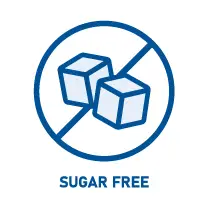 Crossed out sugar cube icon denoting healthy sugar free chewing gum (sugar free) with blue line individual sugar cubes colored light blue | Source: healthychewinggum.com | For website: healthychewinggum.com