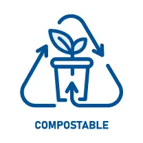 The icon of the natural cycle of compostable healthy (natural) chewing gum, which can be safely put into the compost in nature thanks to natural processes, it will rot and turn into clay and usable for further growing plants and thus still perfect, which is the basis of natural compostability (compostable) drawn in blue by line | Source: healthychewinggum.com | For website: healthychewinggum.com