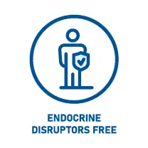 An icon of a silhouette of a person in a circle holding a shield with a crossed-out pipe symbol showing the absence of endocrine disruptors (antioxidants BHT - Butylhydroxyanisole and BHA - Butylhydroxytoluene) in healthy chewing gum - with the inscription Endocrine Disruptors free drawn with a blue line | Source: healthychewinggum.com | For website: healthychewinggum.com