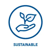 An icon of a human hand and a plant with leaves placed on it, representing sustainability, depicting the careful use of natural resources in the production of chewing gum products (sustainable) drawn with a blue line | Source: healthychewinggum.com | For website: healthychewinggum.com