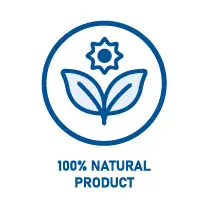 Sonnen- und Pflanzensymbol (Blätter), das ein 100 % natürliches Produkt darstellt. Darstellung von natürlichem Kaugummi (gesunder Kaugummi) mit den Worten 100 % natürliches Produkt in Hellblau | Quelle: healthychewinggum.com | Für die Website: healthychewinggum.com