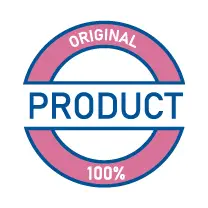 An icon in the shape of a circle with the description "Original Product 100%" with a blue border and a pink filling in the circle pointing to original products of healthy chewing gum that are not repackaged and sign up to their origin and the real creator (manufacturer) of chewing gum not forgetting the know-how of the manufacturer (at the same time it is a disapproving attitude to all sellers who deny the origin of products, buying in bulk and repackaging products passing them off as their own) | Source: healthychewinggum.com | For website: healthychewinggum.com