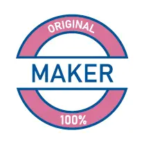 Ikona ve tvaru kruhu s popisem "Original Maker 100%" s modrým ohraničením a růžovou výplní v kruhu poukazující na 100 přiznání původního výrobce zdravých žvýkaček které nejsou přebalovány a přihlašují se ke svému původu a skutečnému tvůrci (výrobci) žvýkaček nezapomínající na know-how výrobce (zároveň je to nesouhlasný postoj ke všem prodejcům, kteří popírají původ produktů, nakupujíc ve velkém a přebalujíc produkty vydávajíc je za své) | Zdroj: healthychewinggum.com | Pro web: healthychewinggum.com