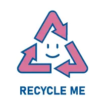 A 3-arrow triangle-shaped icon with a blue line and pink fill with a simple smiley in the middle of the triangle with the caption "Recycle Me" pointing and asking shoppers to recycle (sort) healthy chewing gum and their packaging into appropriate containers. In the case of natural chewing gum, they composted or threw it away in organic waste, and in the case of plastic chewing gum, they threw the chewing gum into plastic or municipal waste, not into the wild. Everyone should behave responsibly. We ourselves will always pack our products (healthy chewing gum) responsibly - i.e. in one type of raw material - i.e. in paper. We will not use plastic insulating tape on the paper box. Therefore, it will be easier for our customers to sort waste. | Source: healthychewinggum.com | For website: healthychewinggum.com